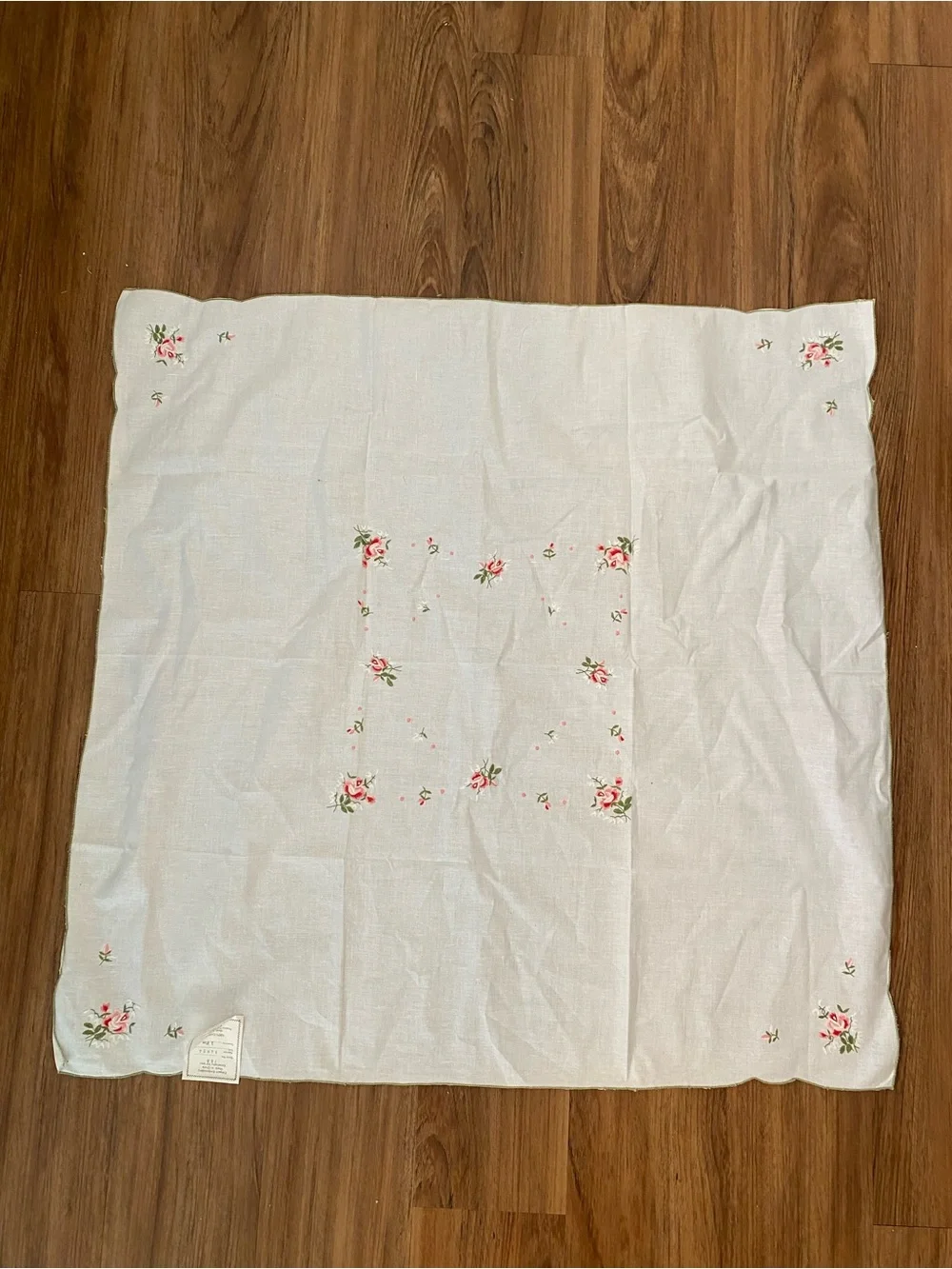 Vintage Square Hand-Embroidered Rose Floral Tablecloth Topper Linen